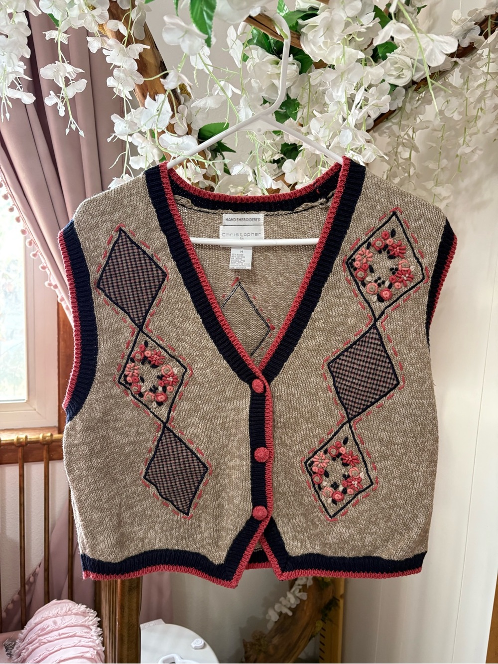 Vintage Beige V-Neck Sweater Vest with Pink and Navy Trim